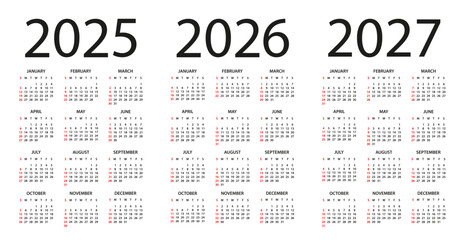 Calendar 2025, 2026, 2027 - illustration. Week starts on Sunday. Calendar Set for 2025, 2026, 2027 years