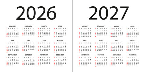 Calendar 2026, 2027 - illustration. Week starts on Sunday. Calendar Set for 2026, 2027 years
