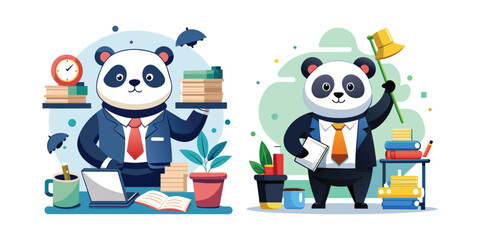 Panda Boss Helping with Office Tasks Vector Illustration – Cute Corporate Panda Manager Assisting Team, Business Workspace, Productivity, Leadership, and Teamwork Concept Design