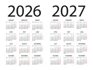 Calendar 2026, 2027 - illustration. Week starts on Monday. Calendar Set for 2026, 2027 years