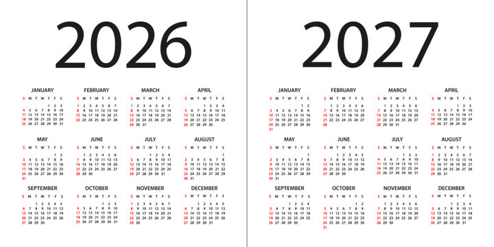 Calendar 2026, 2027 - illustration. Week starts on Sunday. Calendar Set for 2026, 2027 years