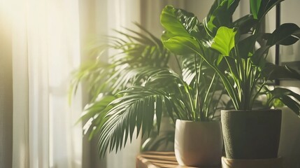 Obraz premium Indoor lush greenery, houseplants capturing gentle light in a serene ambiance