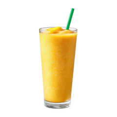 Refreshing mango smoothie in a tall glass with a green straw surrounded by vibrant tropical vibes