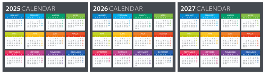2025, 2026, 2027 Calendar - illustration. Template. Mock up