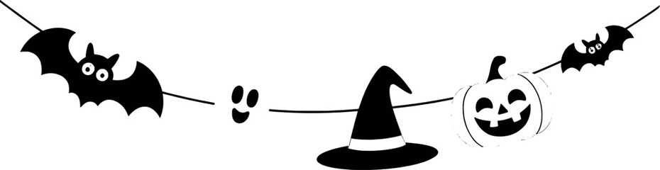 Black Halloween garland with bats ghost witch hat and pumpkin vector © Sultana