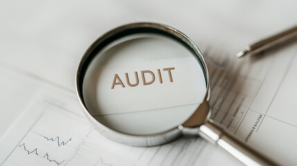 Examining Financials: An audit through a magnifying glass with graphs and a pen. Financial review and analysis.
