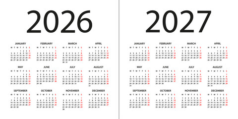Calendar 2026, 2027 - illustration. Week starts on Monday. Calendar Set for 2026, 2027 years