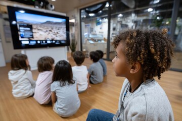 A diverse group of children sits attentively in a welcoming space, focused on an educational video. Their engaged expressions reflect curiosity and a desire for learning.