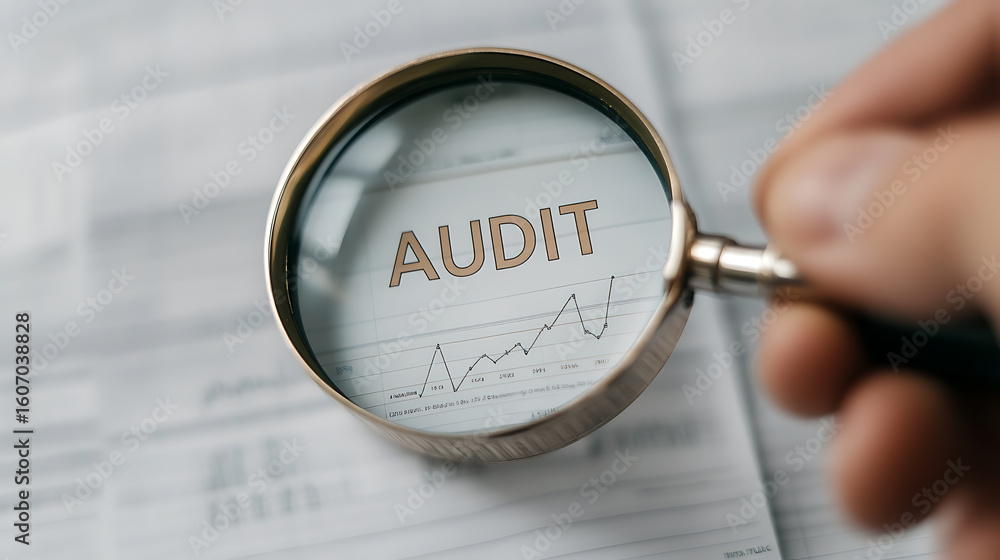 Poster examining audit documents: a magnifying glass focuses on a document labeled 