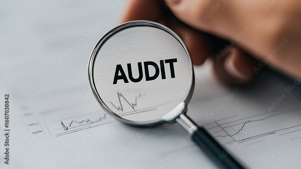 Poster examining financial data: an audit process for financial statements under magnifying glass with data