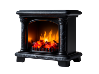 Mini fireplace model with faux flames isolated on transparent background