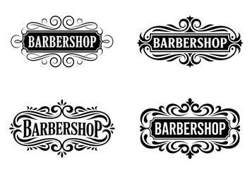 Set, an elegant black and white a stylized Barbershop signboard, suitable for engraving, stencil or decorative printing