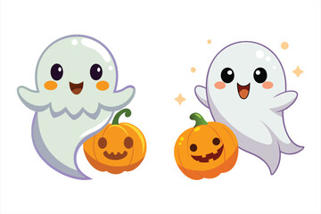 Adorable, friendly ghosts playfully interacting with carved pumpkins, perfect for a cute and spooky halloween celebration