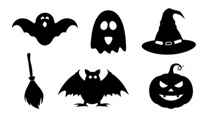 Set of Halloween silhouette collection elements on tranparent background