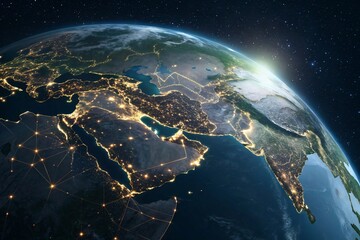 Obraz premium Vast Digital Earth Globe Displaying Illuminated City Lights Throughout the Dark Night Sky with Rising Sun Glimmering