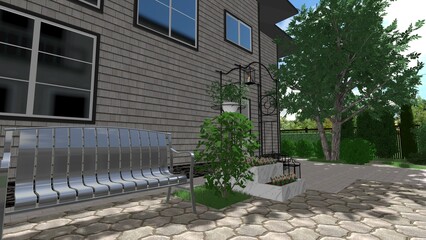 3d image of the landscape design of the home territory. Landscaping of the territory. Computer visualization of composite landscaping and landscaping solutions.