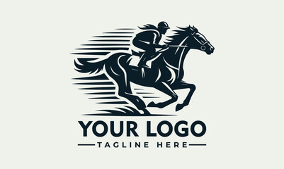 A dynamic logo depicting a jockey fiercely riding a horse at full speed, encapsulated within a stylized motion blur.