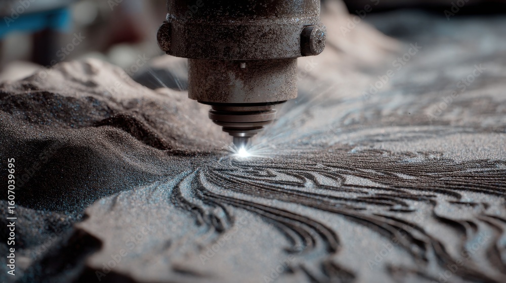 Poster close up of a 3d printer meticulously layering intricate patterns onto a bed of metallic powder, mim