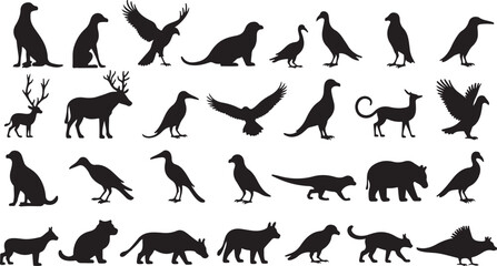 A collection of diverse animal silhouettes, including cat, dog, horse, bear, tiger, wolf, kangaroo, cow, and deer vector illustrations in black