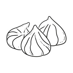 Three hand-drawn pleated dumplings in a minimalist line art style.