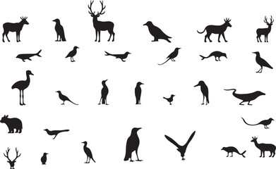 Dynamic collection of black vector animal and people silhouettes featuring deer, fitness, dance, and Olympic sport illustrations