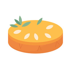 A whole golden-crust pie with decorative seeds and a fresh green leaf garnish.