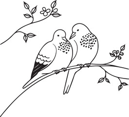 Vector illustration of love birds on a winter tree branch with floral art design