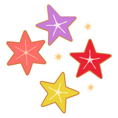 Colorful graphic illustration of stylized star fruit slices in red, purple, and yellow.