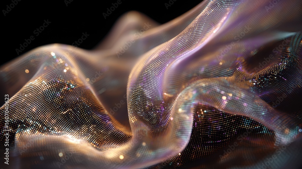 Poster gleaming laser beam dances across a fine silk surface, revealing a delicate code encoded into the fa