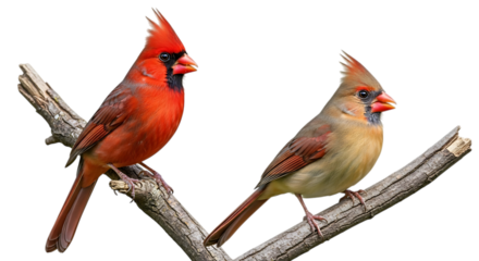Male and female northern cardinals perched on a branch