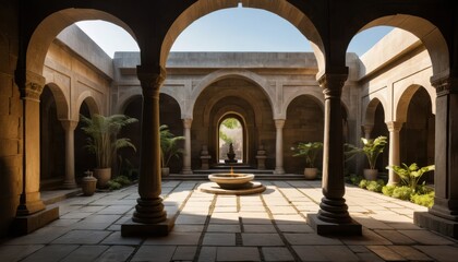 Obraz premium Ancient Courtyard Oasis: An architectural masterpiece reveals a sun-drenched courtyard, with weathered stone columns and archways, inviting you to explore the serene ambiance of a timeless place.