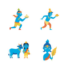 vector flat colour little Krishna set bindle on the white background.Janmashtami concept.