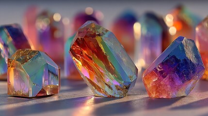 An array of prisms casting light and refraction on the white background
