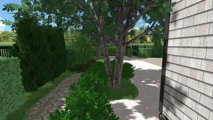 Fototapeta premium 3d image of the landscape design of the home territory. Landscaping of the territory. Computer visualization of composite landscaping and landscaping solutions.