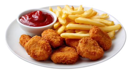 Crispy fried chicken nuggets and french fries on a white plate, with a side of ketchup