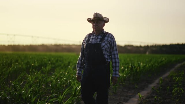 Portrait of confident successful old farmer walking in farmland in evening. Lonely old man strolling and admiring beautiful landscape of native region, agribusiness and agronomy, cinematic slow motion