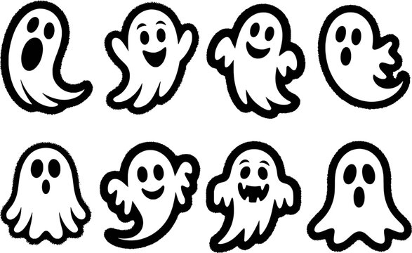 Eight playful white ghosts with black outlines and fuzzy edges halloween spooky