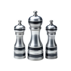 Elegant stainless steel salt and pepper shakers set on white background for kitchen decoration and culinary use