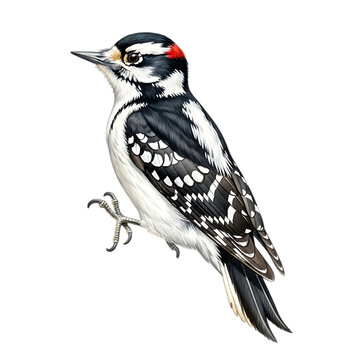 Detailed illustration of a downy woodpecker on a black background