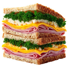 On transparent background a tall multilayered sandwich made with whole wheat bread ham cheese and fresh