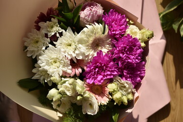 top view of stunning bouquet consisting from various flowers 