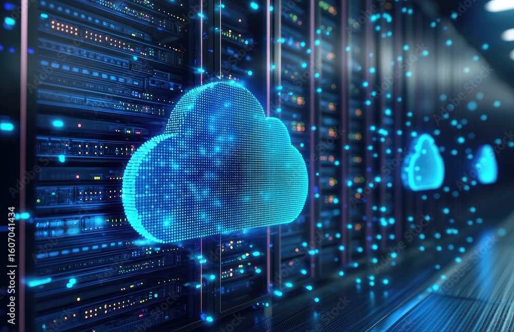 Poster 3d illustration of glowing digital cloud in data center environment, representing cloud computing, b
