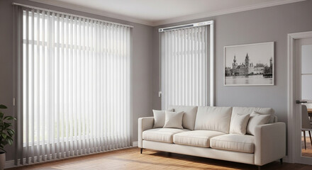 The modern living room radiates a sense of calm with soft lighting and an inviting cream-colored sofa. The large vertical blinds allow diffused light, creating a serene ambiance.