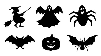 Set of Halloween silhouette collection elements on tranparent background