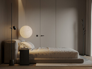  sophisticated bedroom with a large pendant light hanging over the bed, creating a cozy and inviting ambiance. The room features soft neutral tones, a minimalist design, and contemporary furniture.