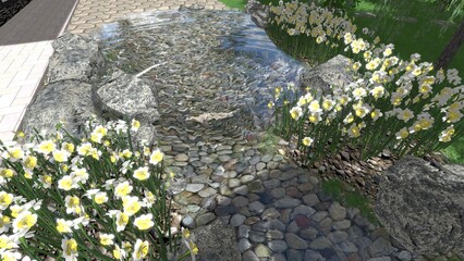 3d image of the landscape design of the home territory. Landscaping of the territory. Computer visualization of composite landscaping and landscaping solutions.