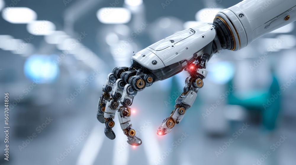 Poster a futuristic robotic hand with intricate mechanical joints and glowing red sensors reaches out in a 