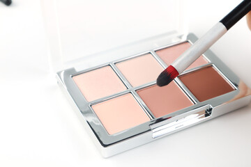 Minimalist flat lay of a nude-toned eyeshadow palette with makeup brushes on a clean white...