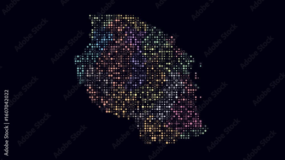Poster tanzania dotted animation. shape of the country build of pulsating colored dots. small size circle b