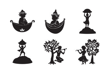 .Janmashtami concept,silhouette different pose little krishna set bundle